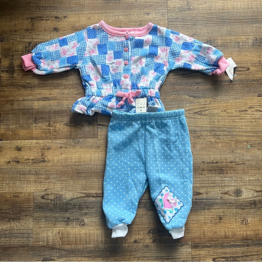 Vintage Honors Baby Blue & Pink Polka Dot 2 Piece Set Size 12m NWT